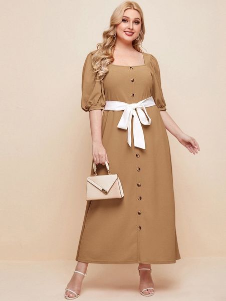 

plus button front puff sleeve belted dress w8vy#, Black