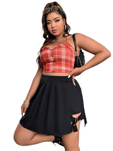 

plus cut out split hem pleated skirt f8bp#, Black