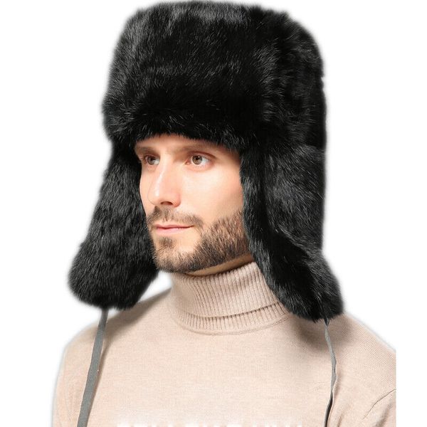 

real rabbit fur trapper hat ear flaps men russian ushanka aviator hunter ski cap, Blue;gray