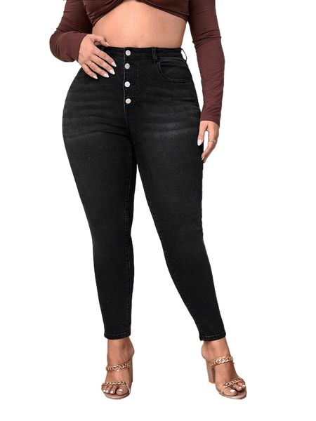 

plus high waist button fly skinny jeans 918o#, Blue