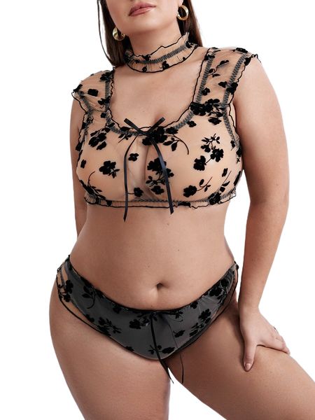 

plus floral print sheer mesh lingerie set with choker k0cm#, Black;white
