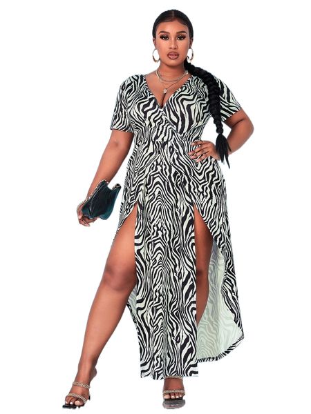 

sxy plus zebra striped m-slit hem dress z61q#, Black