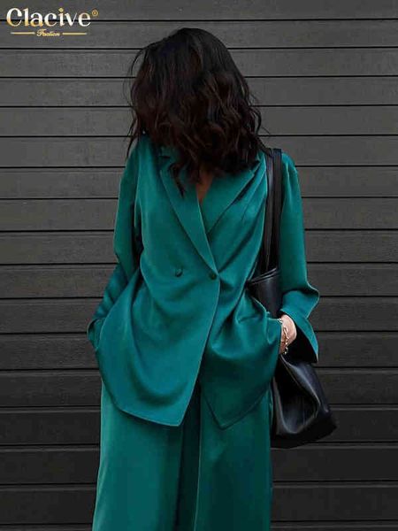 Clacive Moda Uzun Kollu Blazer İki Parça Setleri Kadın Outifits Sıradan Gevşek Ofis Pantolon Seti Zarif Yeşil Saten Pantolon Takım T220729