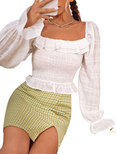 

plaid print ruffle trim flounce sleeve shirred blouse f7zj#, White