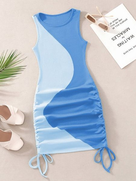 

ribbed knit two tone drawstring dress u35c#, Black;gray