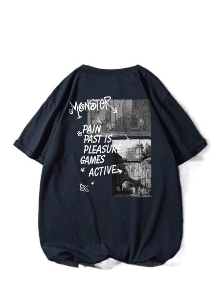 

men slogan & figure graphic tee w617#, White;black
