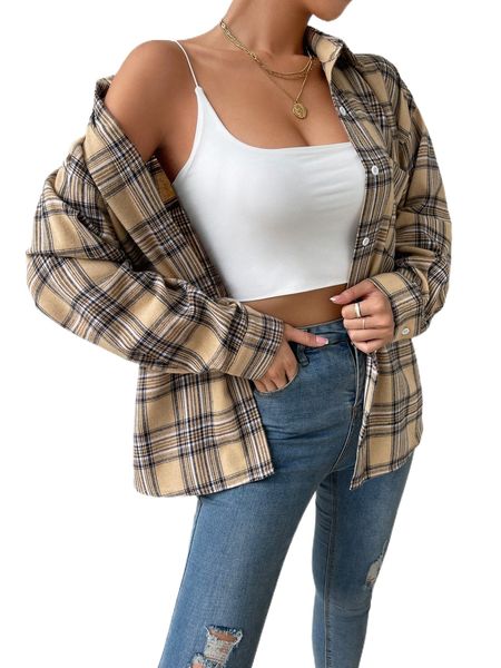 

plaid patched pocket drop shoulder shirt 93yv#, White