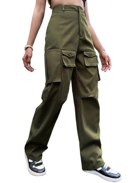 

high waist flap pocket cargo pants p90b#, Black;white
