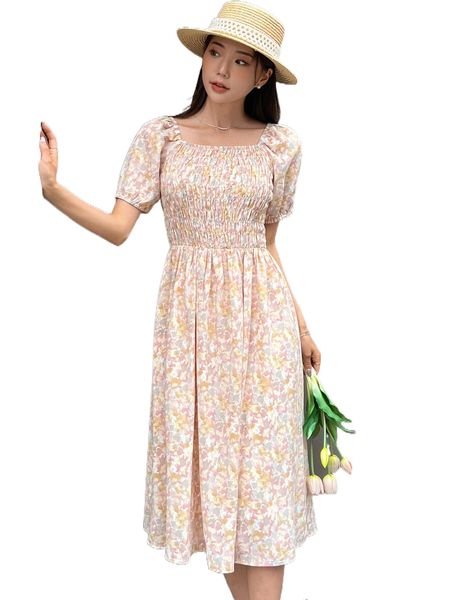 

dazy allover floral print shirred puff sleeve dress a0wm#, Black;gray