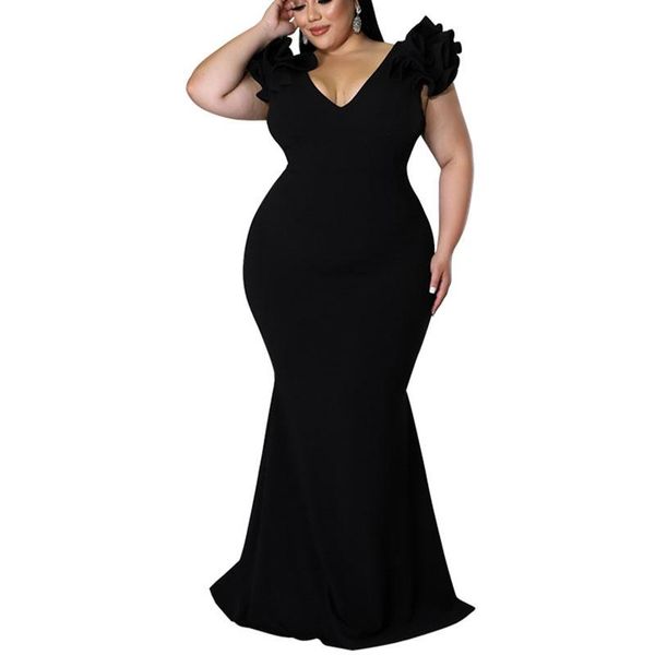 Plus Größe Kleider Für Frauen 4XL 5XL Elegante V-ausschnitt Rüschen Hülse Lange Bodycon Party Hochzeit Kleid Weibliche Große Kleidung 2022Plus