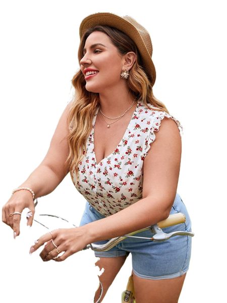 

plus ruffle cuff ditsy floral blouse b0sw#, Black