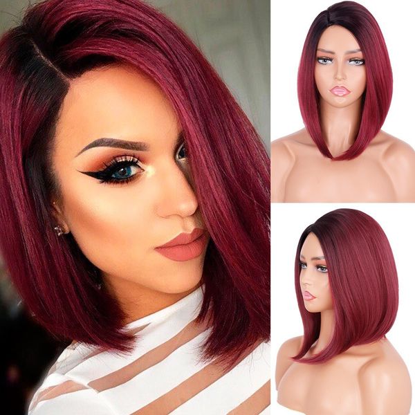 

fshion 14inch bob short straight middle part wigs daily hair natural hairline high temperature wigs blond wine red orange brown color, Black