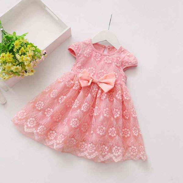 Tatlı Bebek Çocuklar Kızlar İçin Dantel Prenses Elbiseler 0 3 Yıl Kısa Kol Yaz Yay Giyim Genç Kız Parti Doğum Günü G220518