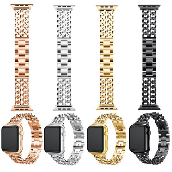 Çift Zincir Bilezik Metal Askısı Apple Watch Serisi için 7 6 5 4 3 SE Alaşım Kadınlar Watchband IWatch 45mm 41mm 44mm 42mm 40mm 38mm Bileklik Akıllı Aksesuarları