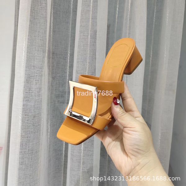 

slippers summer fashion cowhide square head thick middle heel buckle temperament, wear sandals outside, casual flip flops, women, Black