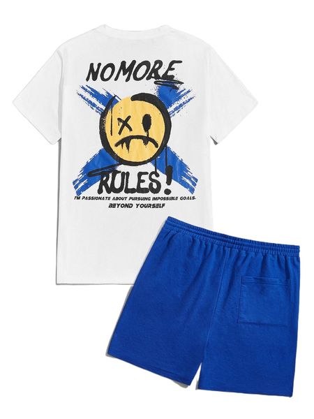 

men slogan & expression print tee & drawstring waist shorts i1uk#, Gray