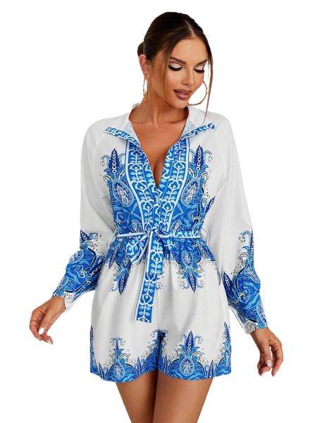 

glamaker graphic print belted romper u6cy#, Black;white