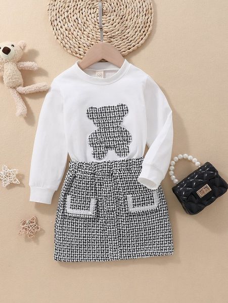 

little girl bear embroidered sweatshirt and checked skirt she, White