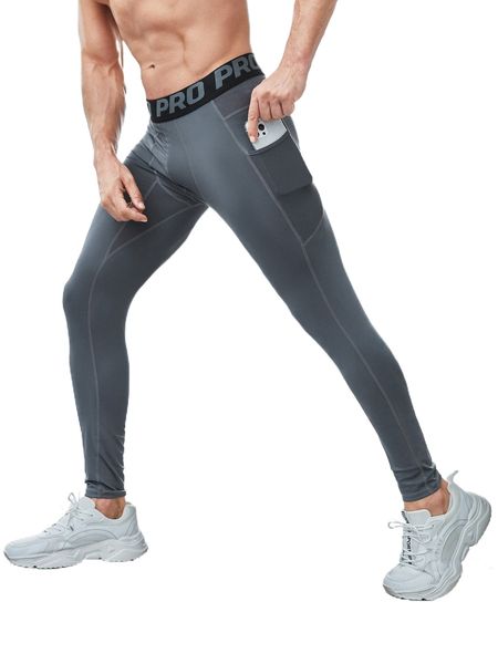 

men letter tape waist sports tights with phone pocket q9he#, Black