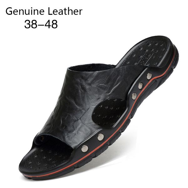 

sandals men genuine house slippers leather fashion casual men large size slippers soft soles spring summer sell, Black