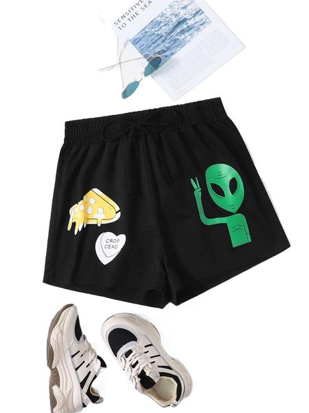 

plus letter & cartoon graphic drawstring waist shorts w01v#, Black