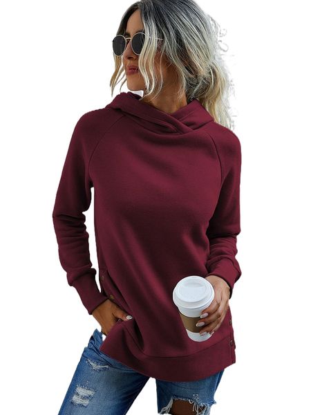 

solid raglan sleeve button detail hoodie j7yk#, Black