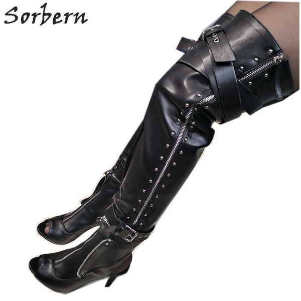 

sorbern two-wearing ways punk style boots for women high heels open toe summer shoe ladies buckle straps over knee boots women, Black
