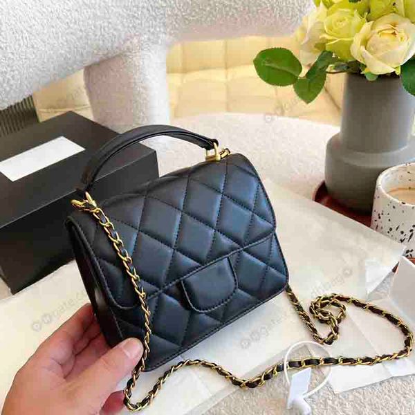 

17cm mini flap square bags handle handbag lambskin gold-tone metal chain shoulder bag for women