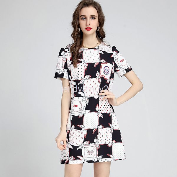 

casual dresses spring and summer women's dress round neck short sleeve black white plaid print waist closing thin skirt, Black;gray