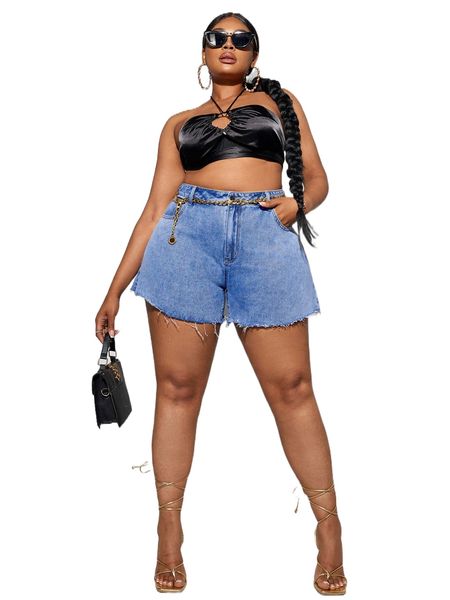 

sxy plus high waist frayed hem denim shorts without chain m3kb#, White;black