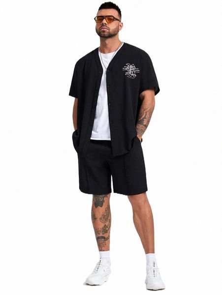 

extended sizes men letter graphic button front shirt & drawstring waist shorts e1t9#, Gray