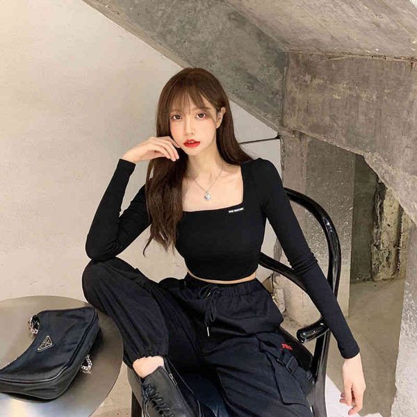 

t shirt designer women's t-shirt black embroidered tight long-sleeved t-shirt short t woman tshirts mujer camisetas 6mcl, White