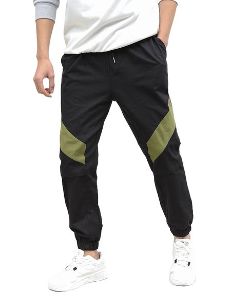 

men contrast panel slant pocket pants 61ys#, Black