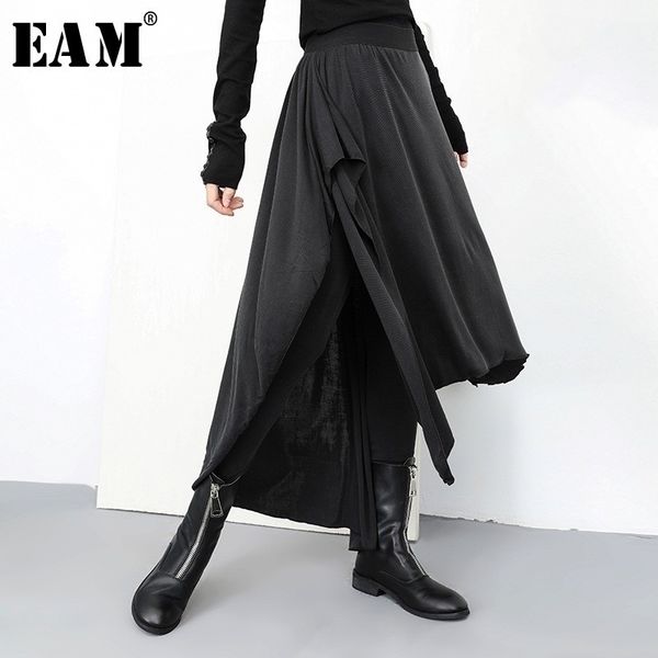 

eam autumn winter high elastic waist loose black false two irregular stitch pants women trousers fashion jl932 y200114, Black;white