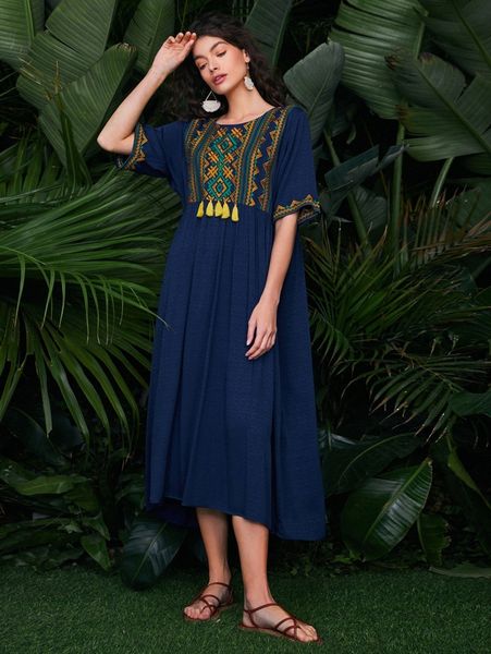

geo embroidered fringe detail smock dress y3m3#, Black;gray