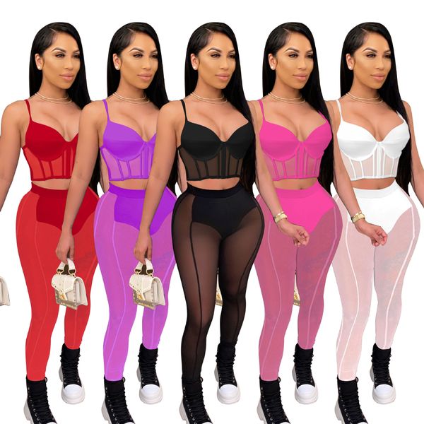 Nuovo design Solid Mesh See Through Tute per le donne senza maniche Sling Crop Top e pantaloni slim Sexy Nightclub Set di due pezzi FA8210