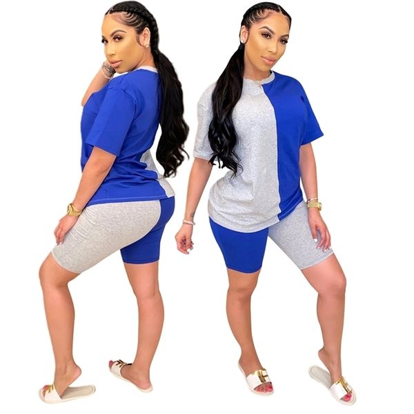 

women 2 piece outfit clothes set short sleeve pullover t shirt loose tight shorts tracksuits casual sport patchwork suit 220616, Gray