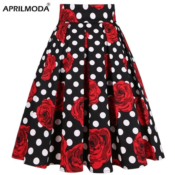 Retro Vintage Donna Midi Gonne Vita alta Cotone 3XL Taglie forti Casual Streetwear Quotidiano Anni '60 Polka Dot Pinup Rockabilly Skater 220401