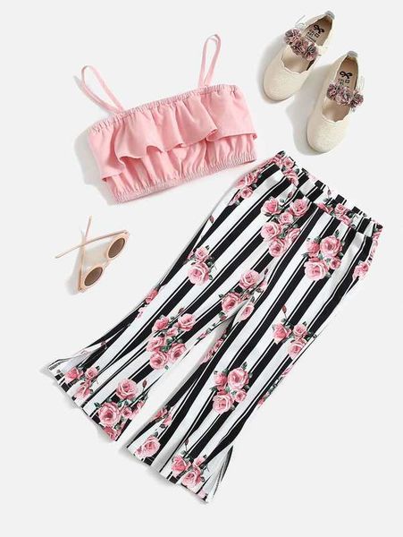 

toddler girls ruffle trim cami & floral and striped pants she, White