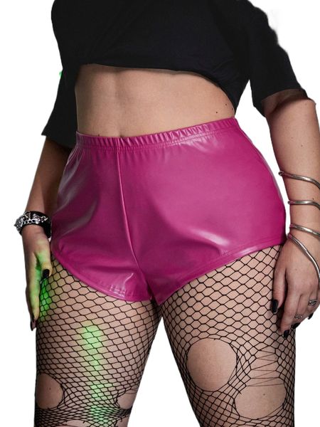 

plus elastic waist pu shorts without chain belt l76y#, Black