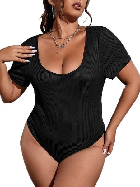 

plus scoop neck ribbed knit tee bodysuit f0ee#, Black