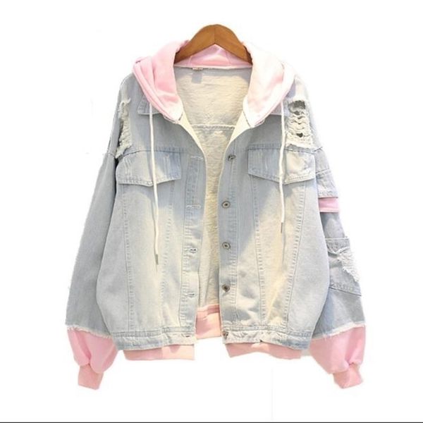 

spring hooded denim jacket for women casual bf jeans jacket holes vintage harajuku coat female loose streetwear basic coats y200101, Black;brown