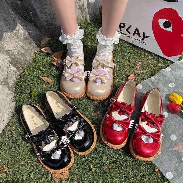 Elbise ayakkabıları Kawaii Japon tarzı kızlar lolita kalp tokası pu patchwork yay zapatillas mujer 2022 bahar moda cosplay Mary Janes 220516