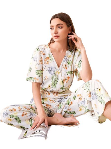 

tropical print surplice neck sleep jumpsuit 87rn#, Black;red