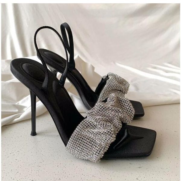 Schuhe Sommer Mode Sandale Hausschuhe Top Qualität Echtes Leder Soft Flash Drill Pailletten Schwarze Absätze 10CM Damenschuhe Größe Sandalen Schuh Damen Slipper 35-40