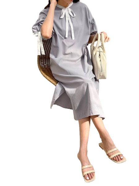 

dazy-less tie neck lantern sleeve slit hem tunic dress m8af#, Black;gray