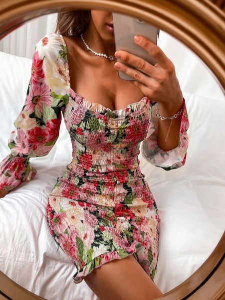 

floral square neck shirred bodycon dress w4cb#, Black;gray