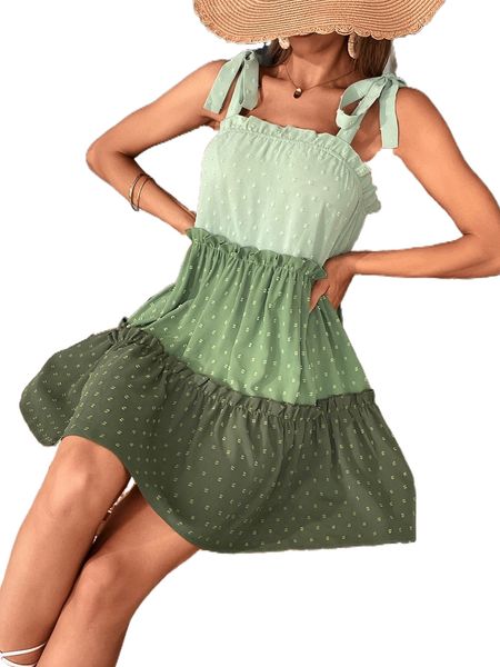 

colorblock swiss dot frill trim tie shoulder cami dress b1hz#, Black;gray