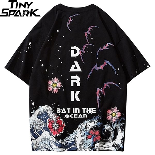Хип-хоп Мужская уличная одежда Haruku Японская футболка Great Wave с коротким рукавом Хлопковая летняя повседневная футболка с цветочным принтом Мода 210319