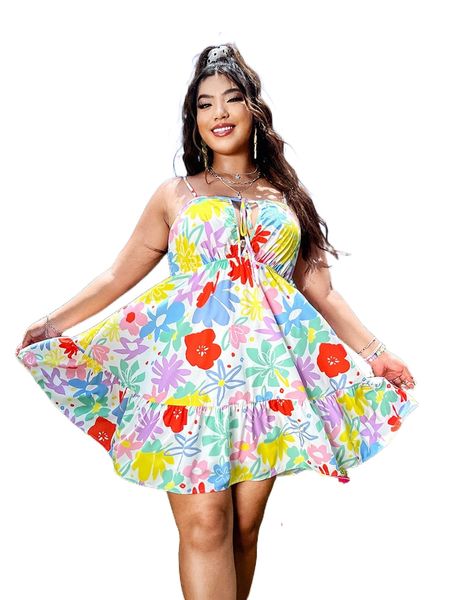 

plus floral print knot front ruffle hem cami dress a7qh#, Black